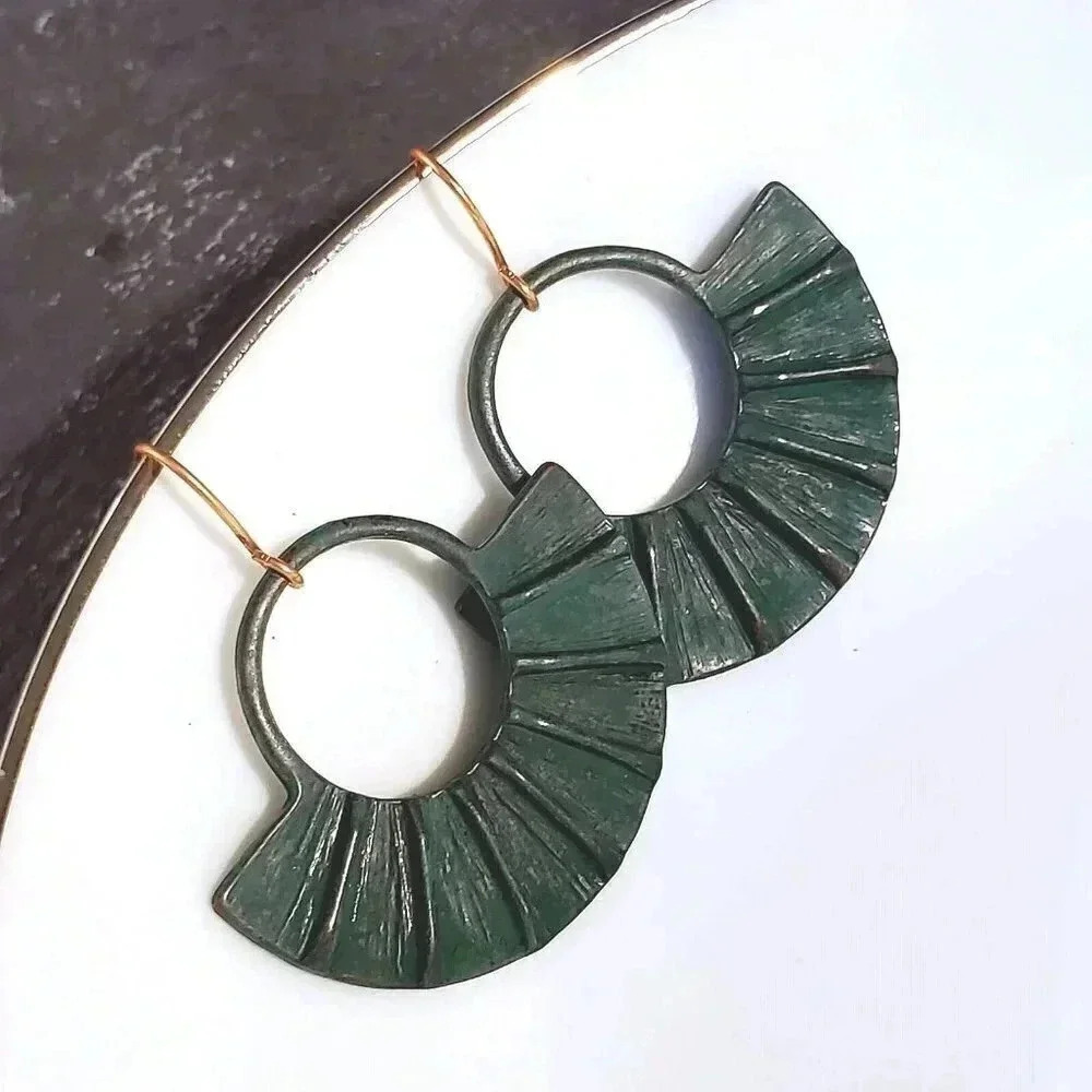 Antique Copper Verdigris Blue Green Patina Edgy Round Fan Earrings